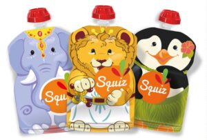 squiz - 3 swiss-made pack reusable food pouches 4,4 oz (130ml) - refillable squeeze food storage for baby, toddler and kids - washable and freezer safe bags - bpa free - fun designs