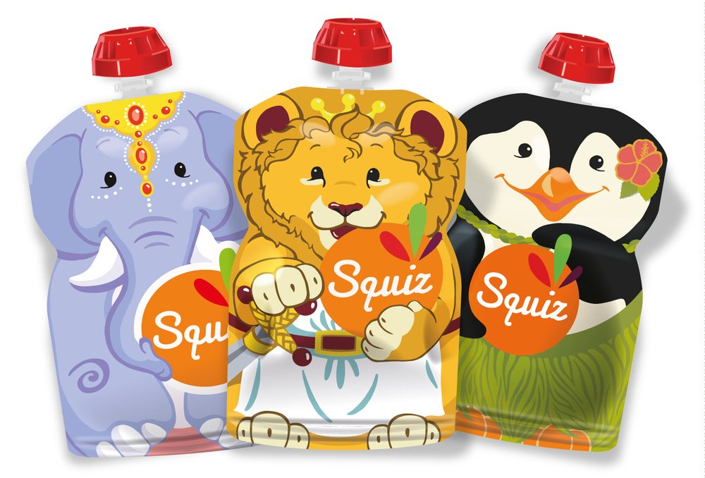 SQUIZ - 3 Swiss-Made Pack Reusable Food Pouches 4,4 oz (130ml) - Refillable Squeeze Food Storage for Baby, Toddler and Kids - Washable and Freezer Safe Bags - BPA Free - Fun Designs