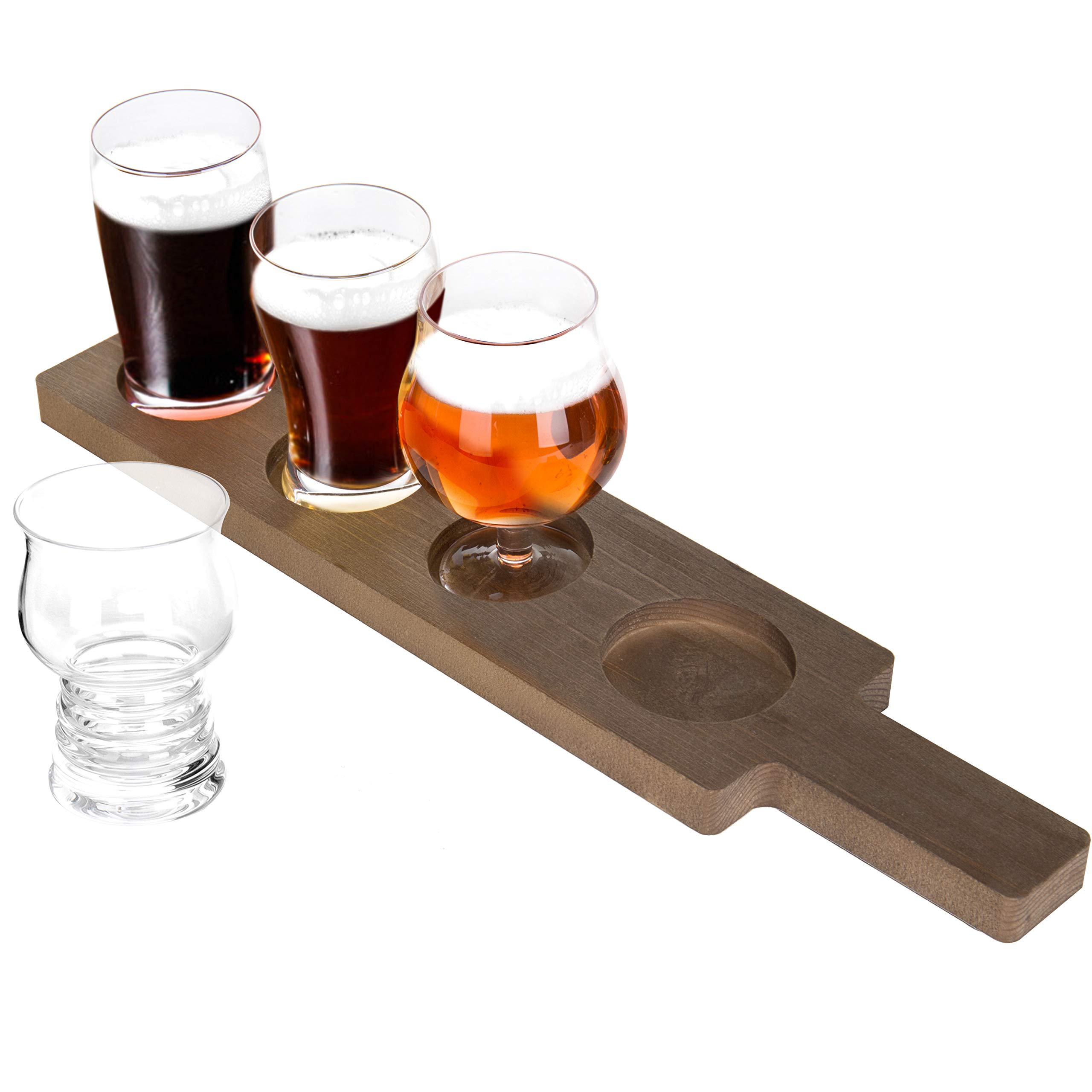 MyGift Rustic Brown Solid Wood Paddle Shaped Beer Flight Board with Beer Glasses, Pub Party Tasting Flight Set with 5 oz Craft Beer Sampler Glasses, 5 Piece Set