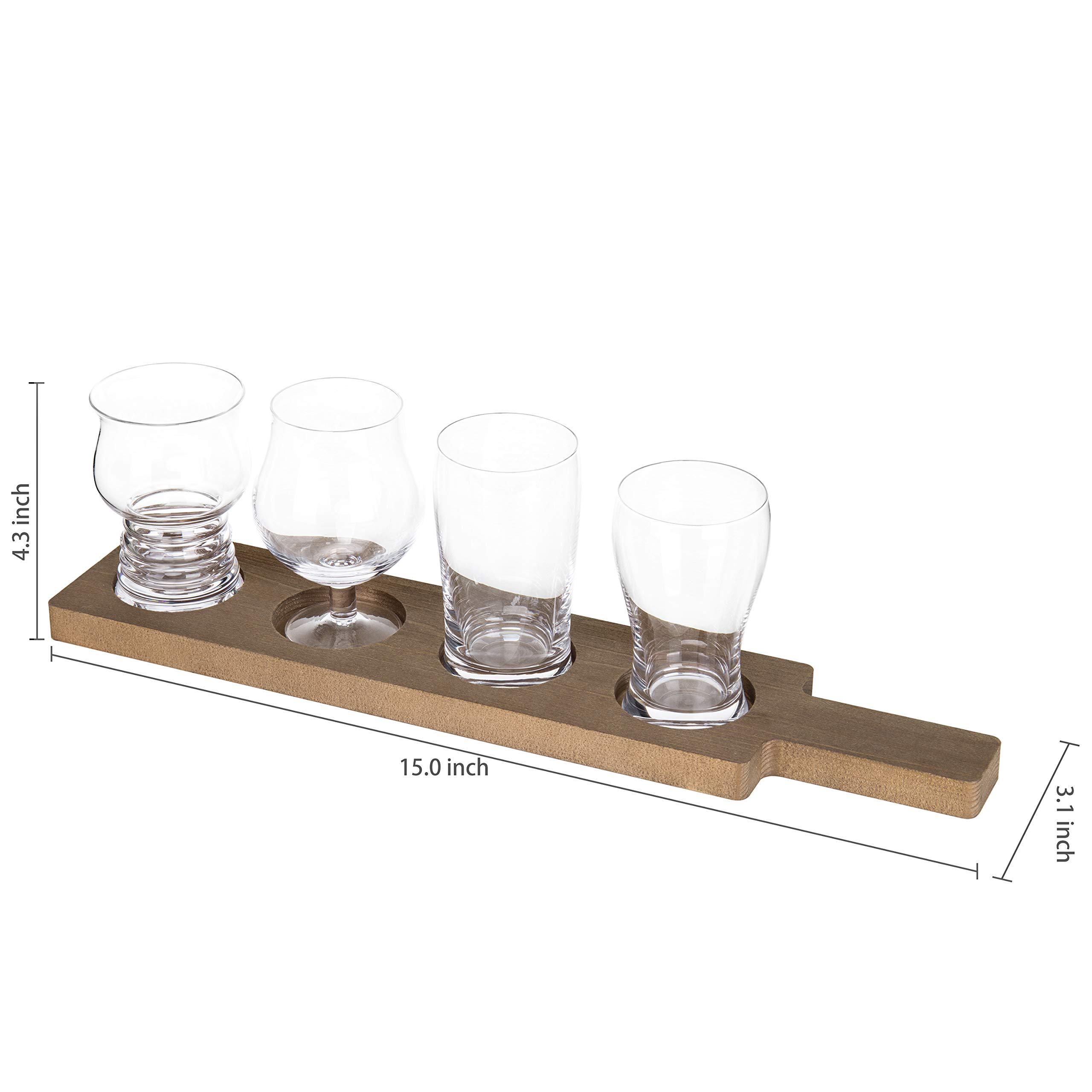 MyGift Rustic Brown Solid Wood Paddle Shaped Beer Flight Board with Beer Glasses, Pub Party Tasting Flight Set with 5 oz Craft Beer Sampler Glasses, 5 Piece Set