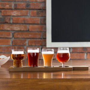 MyGift Rustic Brown Solid Wood Paddle Shaped Beer Flight Board with Beer Glasses, Pub Party Tasting Flight Set with 5 oz Craft Beer Sampler Glasses, 5 Piece Set