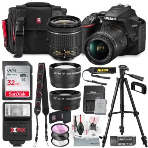 nikon d3500 dslr camera with af-p dx nikkor 18-55mm f/3.5-5.6g vr lens + 32gb card, flash, tripod, and bundle