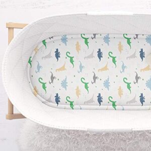 Bassinet Fitted Sheet Compatible with Halo, Fisher Price, Delta, Graco – Fits Perfectly on 15 x 33 Inch Oval, Rectangular Mattress Pad – Snuggly Soft Jersey Cotton – Dinosaurs – 1 Pack