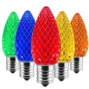 minetom 25 pack led c9 multicolor replacement christmas light bulbs, commercial grade dimmable holiday bulbs, strawberry bulbs, fits in c9/e17 base sockets (25 pack, multi-colored)
