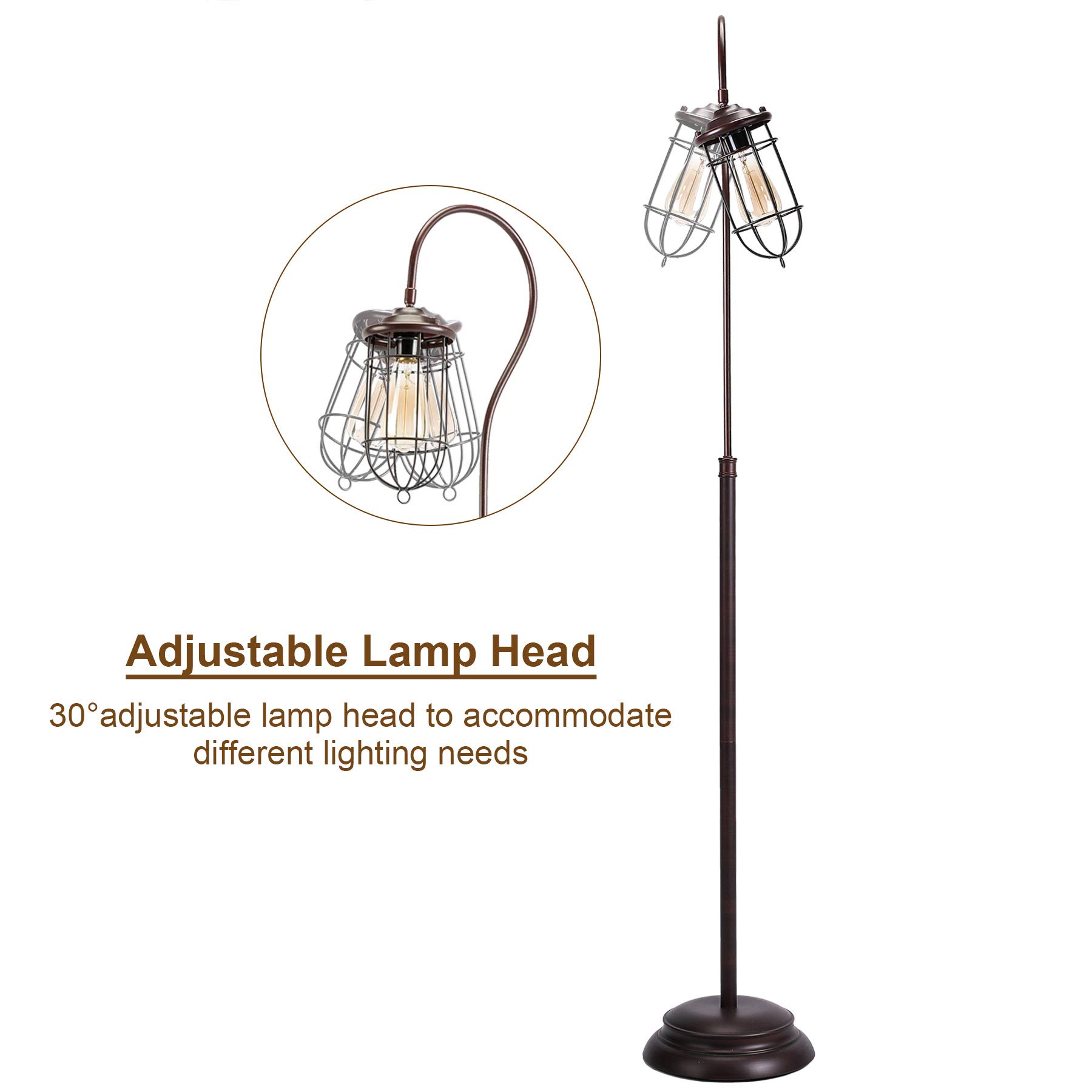 VONLUCE Rustic 62 inch Floor Lamp, Adjustable Lantern Lamp Head, 100W Industrial Farmhouse Standing Light, Nautical Vintage Brown Edison Stand Lamp with Antique Metal Shade for Living Room Bedroom
