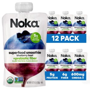 noka superfood fruit smoothie pouches, blueberry beet, healthy snacks with flax seed, plant protein and prebiotic fiber, vegan and gluten free snacks, organic squeeze pouch, 4.22 oz, 12 count