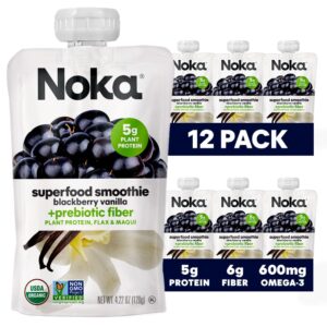 noka superfood fruit smoothie pouches, blackberry vanilla, healthy snacks with flax seed, plant protein and prebiotic fiber, vegan and gluten free snacks, organic squeeze pouch, 4.22 oz, 12 count