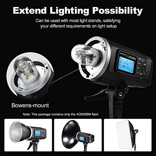 Godox AD600BM Bowens Mount 600Ws GN87 High Speed Sync Outdoor Flash Strobe Light with 2.4G Wireless X System, 8700mAh Battery to Provide 500 Full Power Flashes Recycle in 0.01-2.5 Second