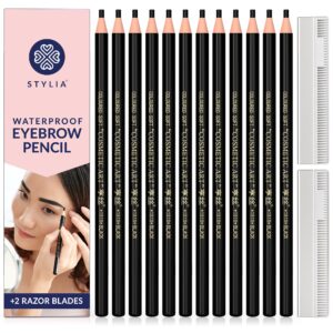 stylia waterproof eyebrow pencil set (12 pieces - black), eyebrow pen-cil, eye brow pencils for women makeup, microblading long lasting eyebrow pencil liners for marking, filling and outlining eyebrow