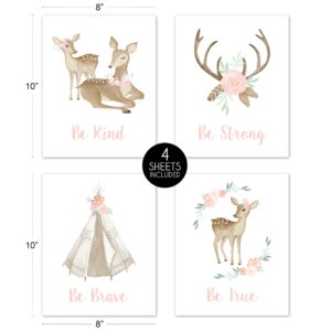 Sweet Jojo Designs Blush Pink and Mint Wall Art Prints Room Decor for Baby, Nursery, and Kids for Boho Woodland Deer Floral Collection - Set of 4 - Be Kind, Be Strong, Be Brave, Be True