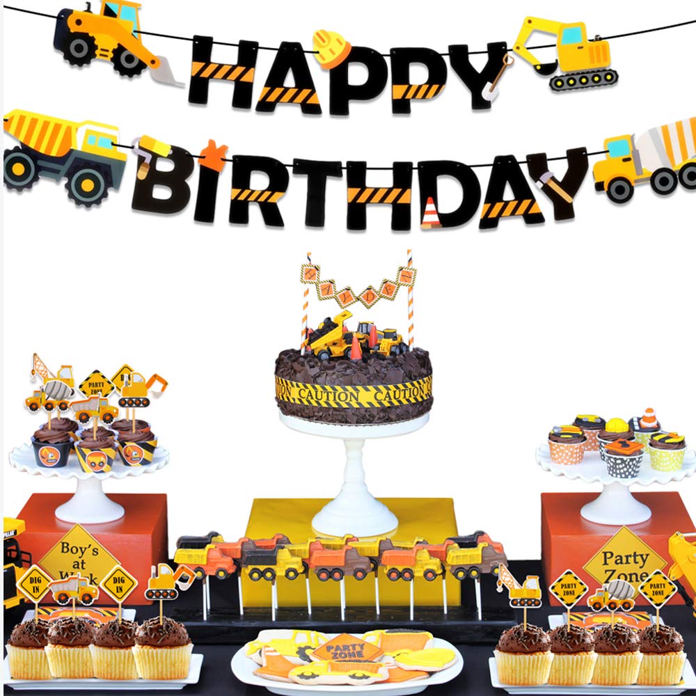 Construction Birthday Banner Dump Truck Party Decorations Pre-Assembled Builder Bulldozer Excavator Tank Truck Garland Supplies