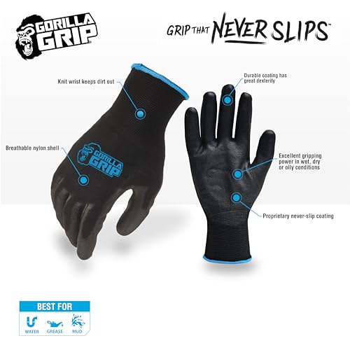 Gorilla Grip Gloves, Max Grip, All Purpose Work Gloves, Slip Resistant, Nylon Shell, Medium, 15 Pairs