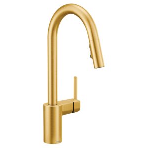 moen align brushed gold one-handle modern kitchen pulldown faucet with reflex docking system and power clean spray technology, 7565bg