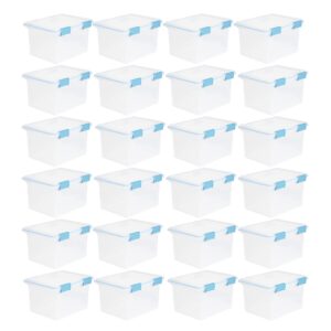 sterilite 32 quart stackable clear plastic storage tote container with blue gasket latching lid for home and office organization, clear (24 pack)