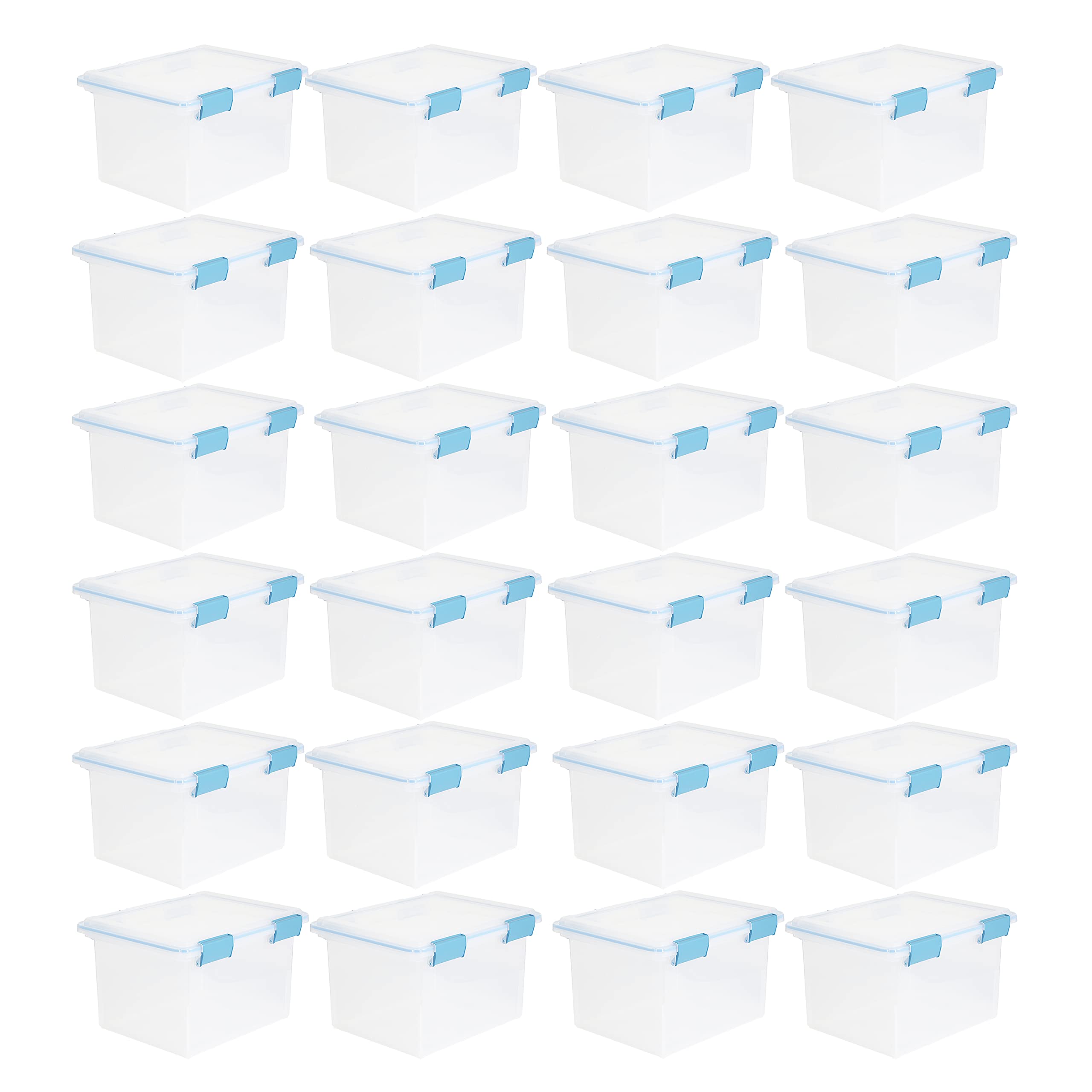 Sterilite 32 Quart Stackable Clear Plastic Storage Tote Container with Blue Gasket Latching Lid for Home and Office Organization, Clear (24 Pack)