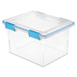 sterilite 32 quart stackable clear plastic storage tote container with blue gasket latching lid for home and office organization, clear (20 pack)