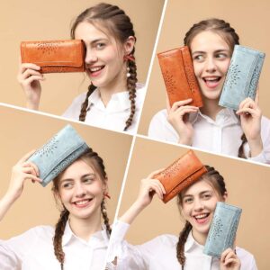 APHISON Womens Wallets RFID Blocking PU Leather Clutch Long Wallet for Women Card Holder Phone Organizer Ladies Travel Purse Hollow Out Sunflower Design Gift Box 2214BLUE
