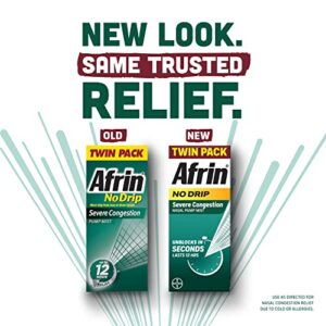 Afrin No Drip Severe Congestion Maximum Strength Nasal Spray - 12 Hour Nasal Spray Relief for Nose Congestion, Nasal Swelling, and Allergies - 2 x 0.5 Fl Oz Bottles - Pack of 1