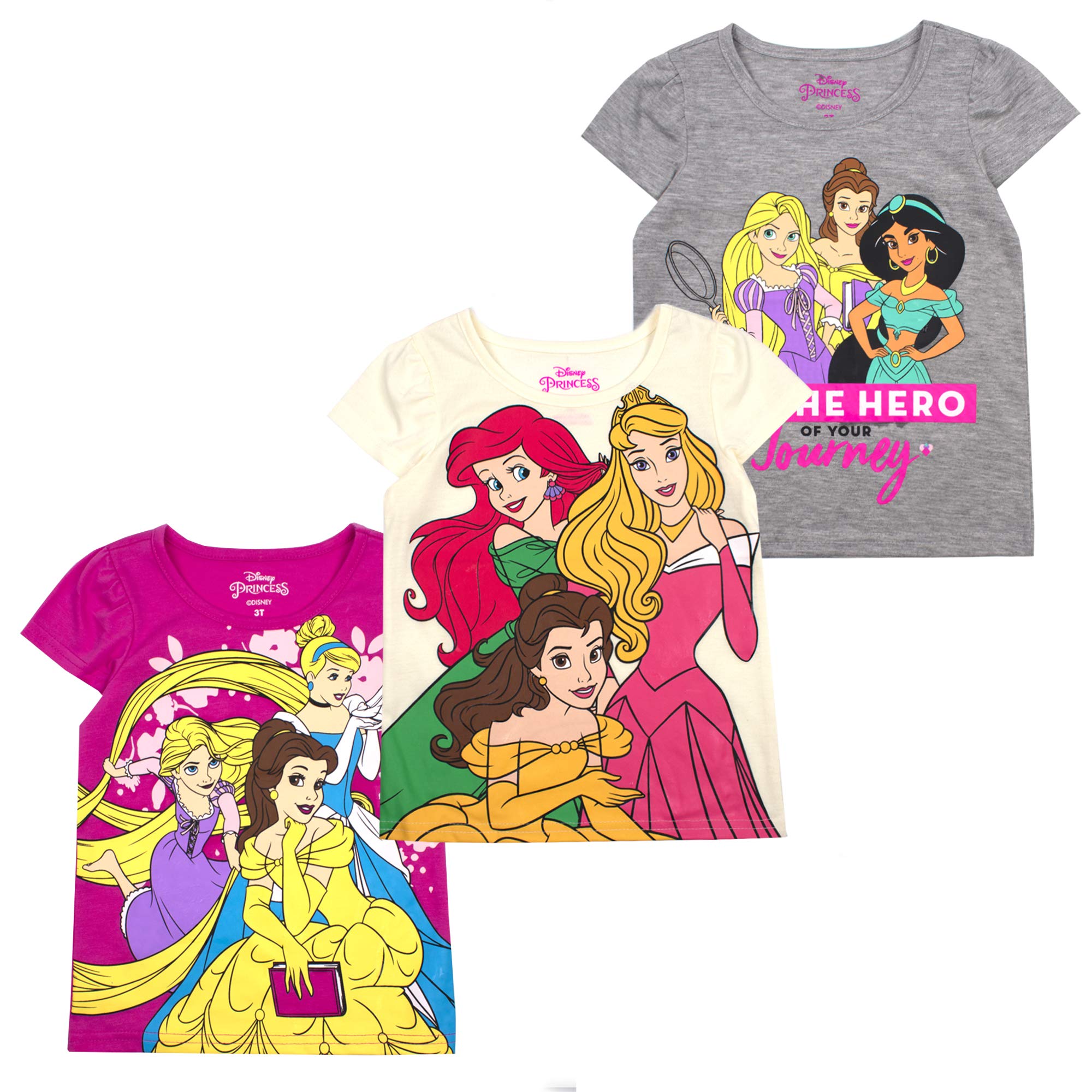 Disney Princesses Girls 3 Pack T-Shirts for Toddler and Little Kids – Pink/White/Grey