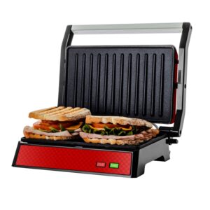 ovente electric panini press sandwich maker with non-stick coated plates, opens 180 degrees to fit any type or size of food, 1000w indoor grill perfect for quesadillas, burgers & more, red gp0620r