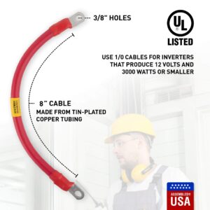 Exell Battery 1/0 Interconnecting Copper Cable, 8-inch Length with 3/8-inch Lugs, Red