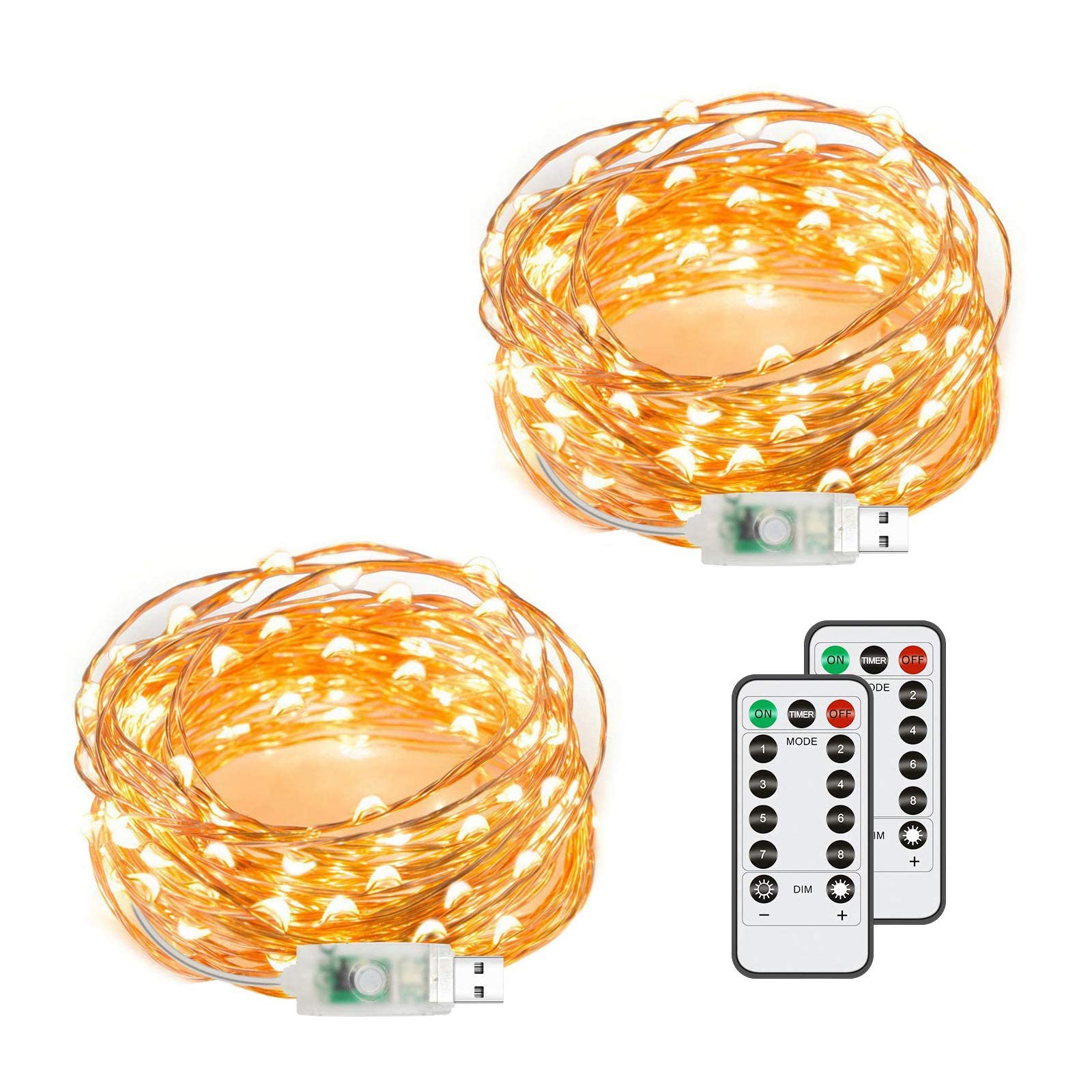 Chalpr USB Fairy String Lights, 2 Pack 50 LED 16.4Ft Led String Lights, Warm White Firefly USB Plug in Starry Lights with Remote,Waterproof Copper Wire Decorative Fairy Lights for Valentine's Day