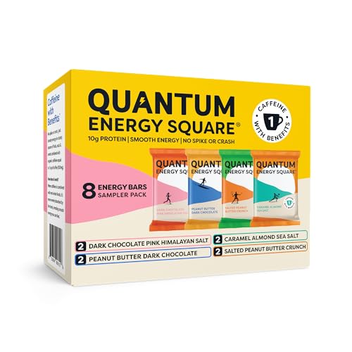 Quantum Energy Square: Energy Bar with Caffeine & 10g Protein. Delicious Healthy Snack On The Go. (Vegan, Gluten-free, Soy-free, Dairy-free). Flavor: Variety 8Pk