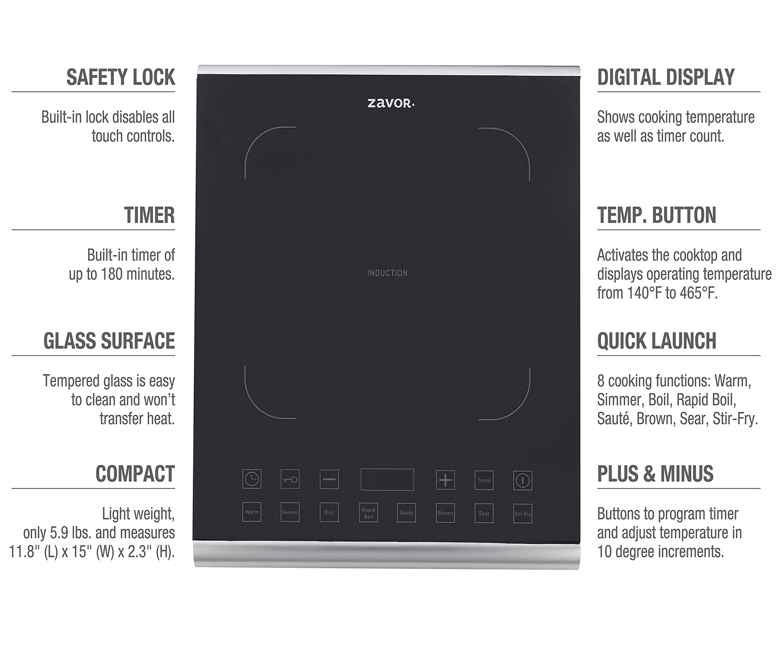 Zavor PRO Portable Induction Cooktop, Magnetic Countertop Burner with 8 Pre-sets and 325°F Temperature Range, 1800W, Black (ZSEPR01)