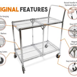 Stand Steady Original Tubstr Collapsible 2 Shelf Wire Cart, Easy to Push Heavy Duty Rolling Utility Cart, Holds 200 Pounds & Folds Up for Storage, Commercial Grade (Chrome, 33.75in x 19.5in x 39.5in)