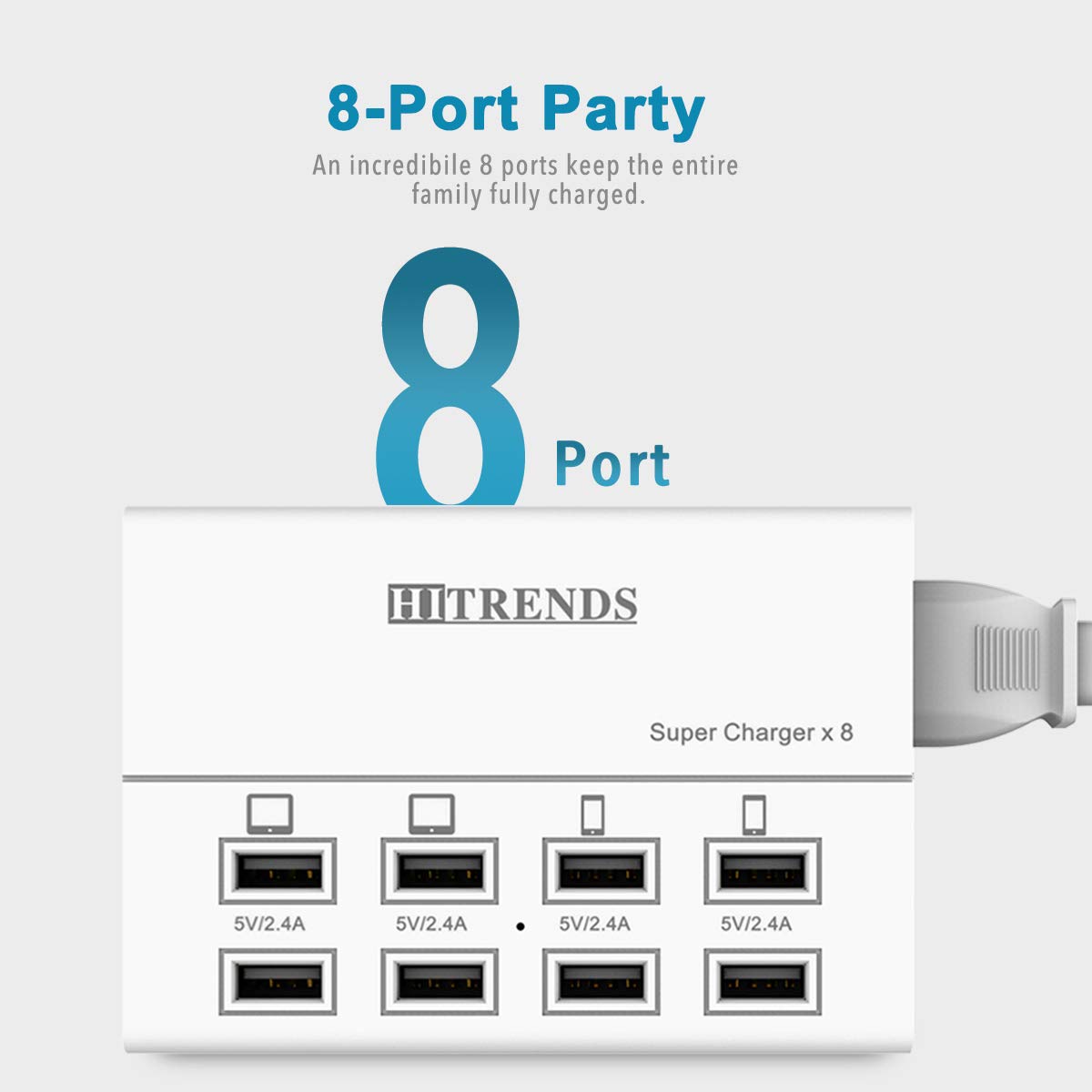 USB Charger, HITRENDS 8 Ports Charging Station 60W/12A Multi Port USB Charging Hub for Multiple Devices (5ft Cord, White)