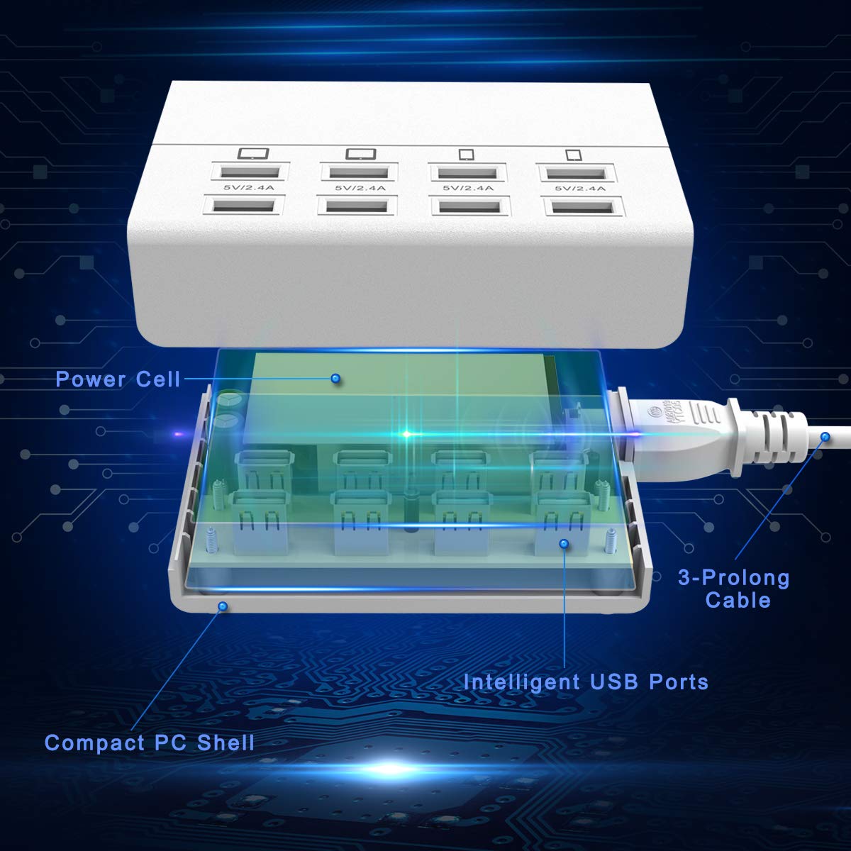 USB Charger, HITRENDS 8 Ports Charging Station 60W/12A Multi Port USB Charging Hub for Multiple Devices (5ft Cord, White)