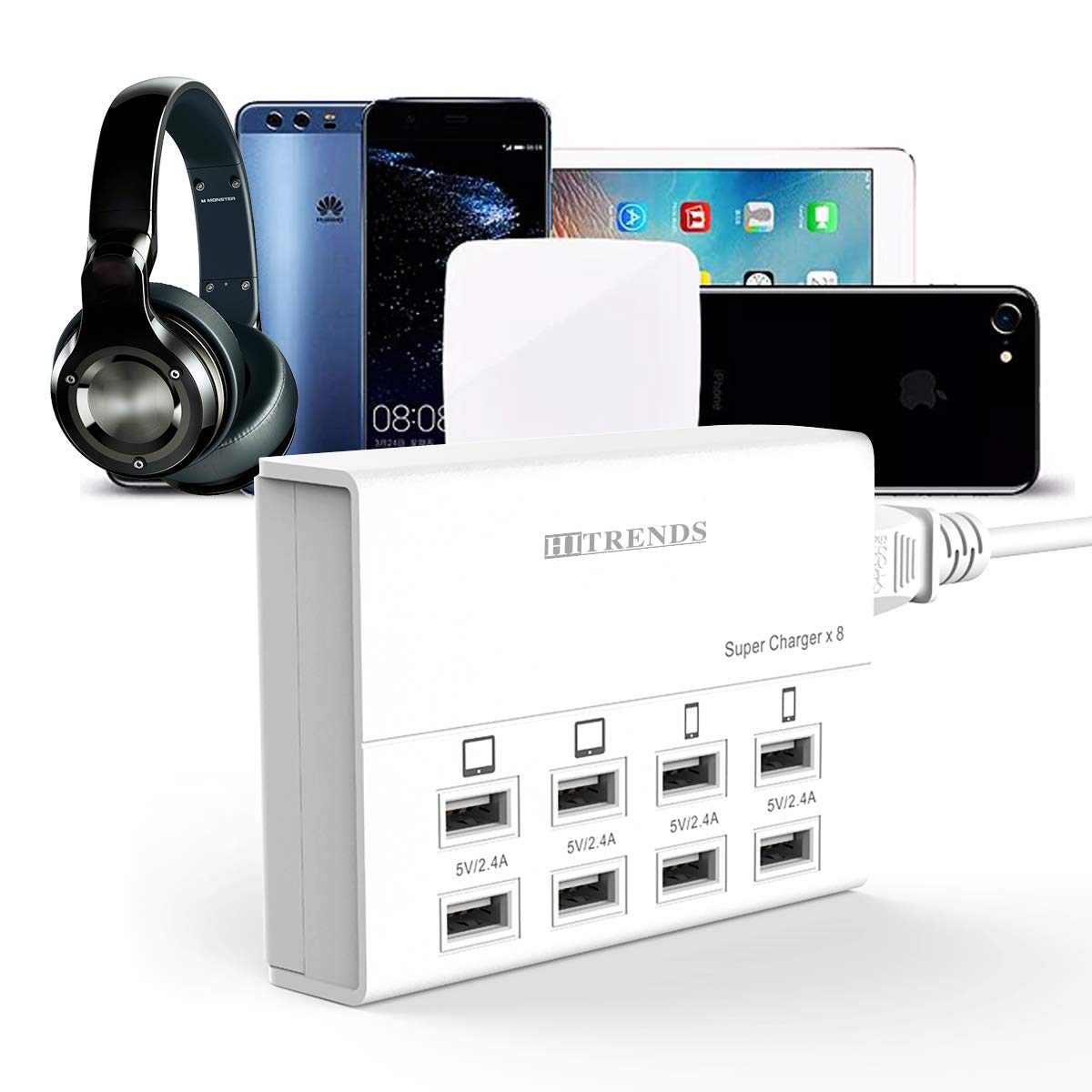 USB Charger, HITRENDS 8 Ports Charging Station 60W/12A Multi Port USB Charging Hub for Multiple Devices (5ft Cord, White)