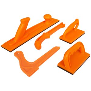 peachtree woodworking supply safety woodworking push block and stick package 5 piece set in orange color, ideal for woodworkers and use on router tables, jointers and band saws