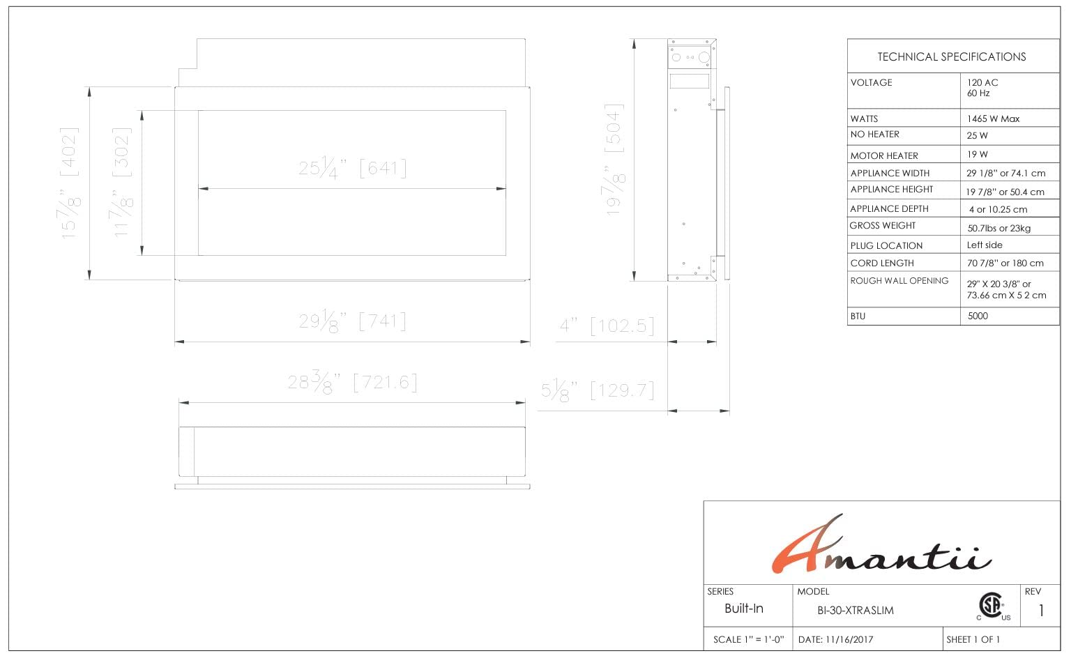 Amantii BI-30 Extraslim Indoor or Outdoor Electric Fireplace