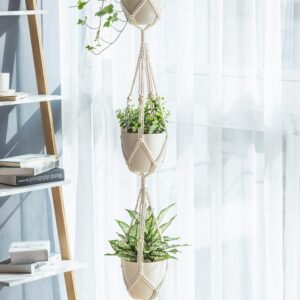 Mkono Macrame Plant Hanger 3 Tier Indoor Outdoor Hanging Planter Basket Cotton Rope with Beads 70 Inches