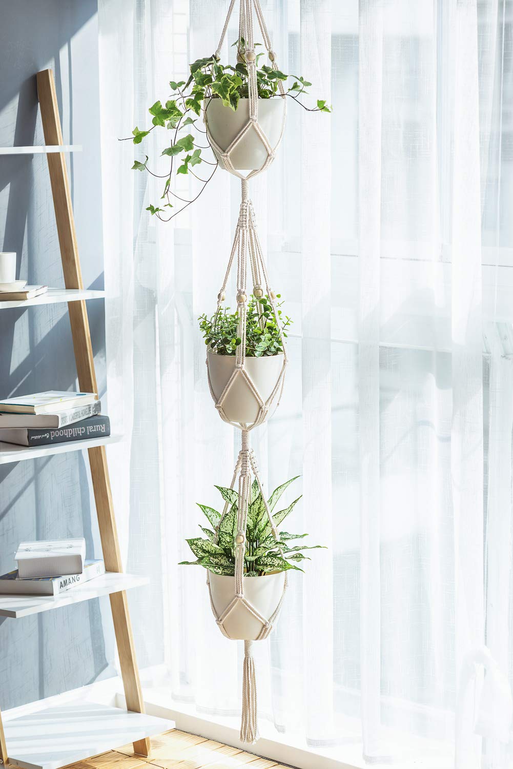 Mkono Macrame Plant Hanger 3 Tier Indoor Outdoor Hanging Planter Basket Cotton Rope with Beads 70 Inches