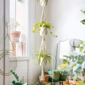 Mkono Macrame Plant Hanger 3 Tier Indoor Outdoor Hanging Planter Basket Cotton Rope with Beads 70 Inches