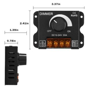 SUPERNIGHT LED Light Strip Dimmer, DC12V-24V 30A PWM Dimming Controller for Dimmer Knob Adjust Brightness ON/Off Switch with Aluminum Housing (Aluminum Dimmer)