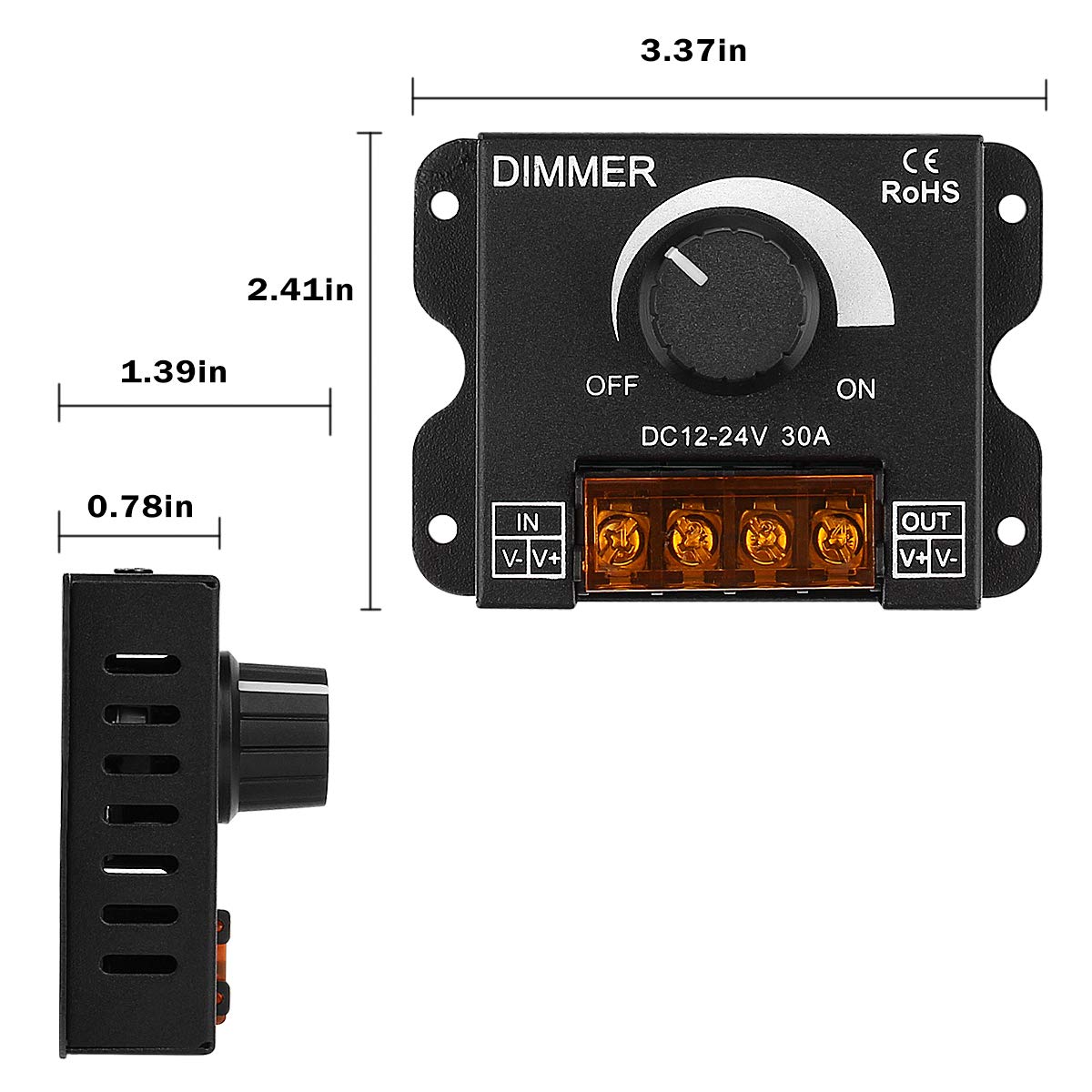 SUPERNIGHT LED Light Strip Dimmer, DC12V-24V 30A PWM Dimming Controller for Dimmer Knob Adjust Brightness ON/Off Switch with Aluminum Housing (Aluminum Dimmer)