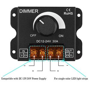 SUPERNIGHT LED Light Strip Dimmer, DC12V-24V 30A PWM Dimming Controller for Dimmer Knob Adjust Brightness ON/Off Switch with Aluminum Housing (Aluminum Dimmer)