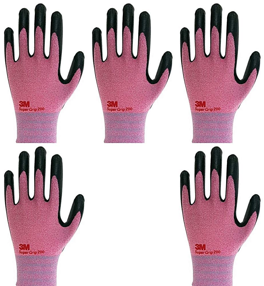 Lightweight Nitrile Work Gloves Supegrip200, 3D Comfort Stretch Fit, Durable Power Grip Foam Coated, Smart Touch, Thin Machine Washable, 5 Pairs Pack (Small, Pink)