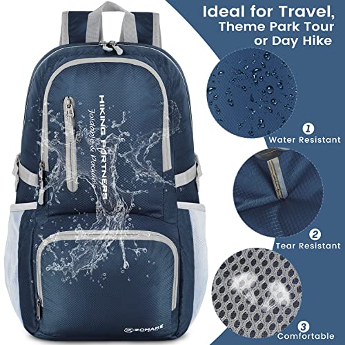 ZOMAKE Lightweight Packable Backpack - 35L Light Foldable Hiking Backpacks Water Resistant Collapsible Daypack for Travel(Navy Blue)