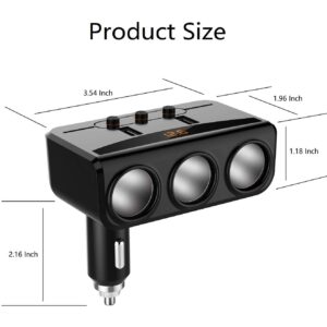 LIHAN 3 Socket Cigarette Lighter Adapter, Car Charger Plug Splitter with Dual USB Ports, 12V/24V Meter Monitor, Compatible with iPhone, LG, HTC, Samsung etc