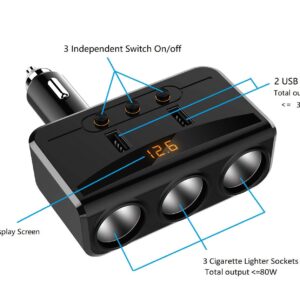 LIHAN 3 Socket Cigarette Lighter Adapter, Car Charger Plug Splitter with Dual USB Ports, 12V/24V Meter Monitor, Compatible with iPhone, LG, HTC, Samsung etc