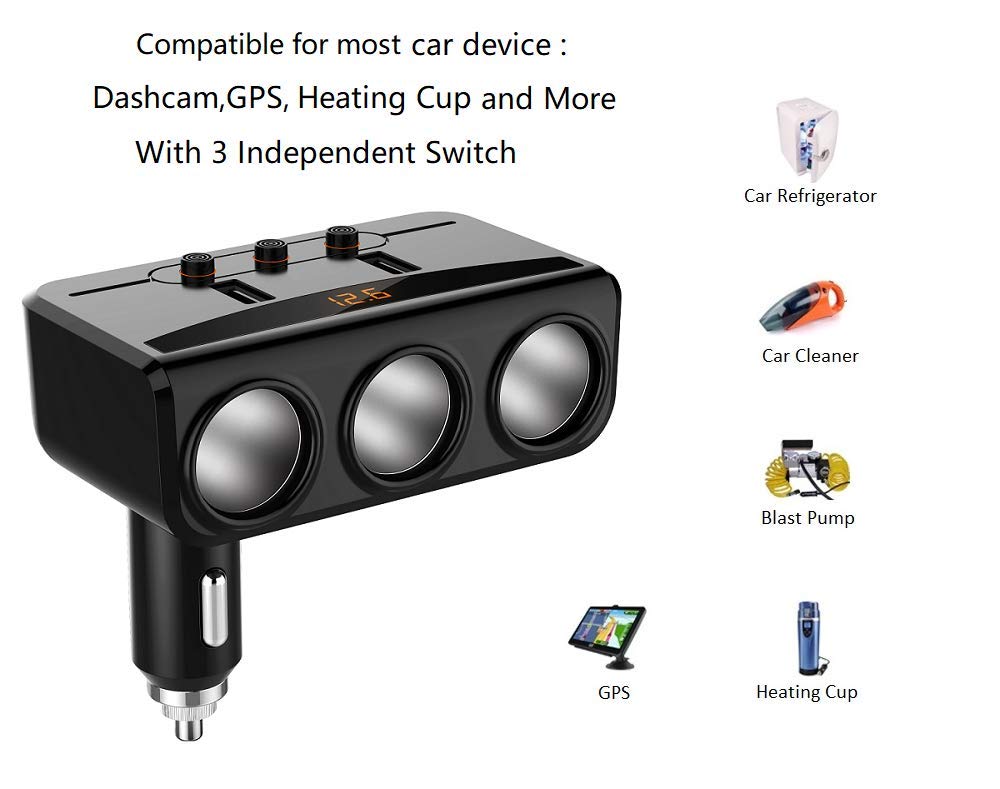 LIHAN 3 Socket Cigarette Lighter Adapter, Car Charger Plug Splitter with Dual USB Ports, 12V/24V Meter Monitor, Compatible with iPhone, LG, HTC, Samsung etc