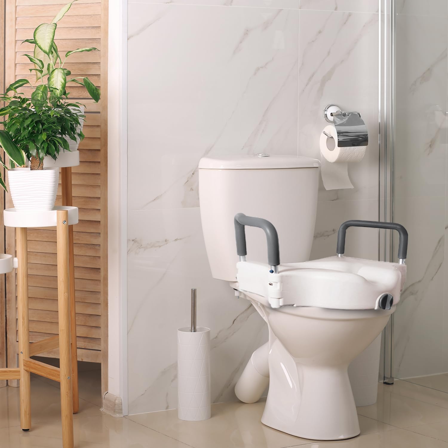 Vaunn Raised Toilet Seat and Elevated Commode Booster Seat Riser with Removable Padded Grab bar Handles & Locking Mechanism