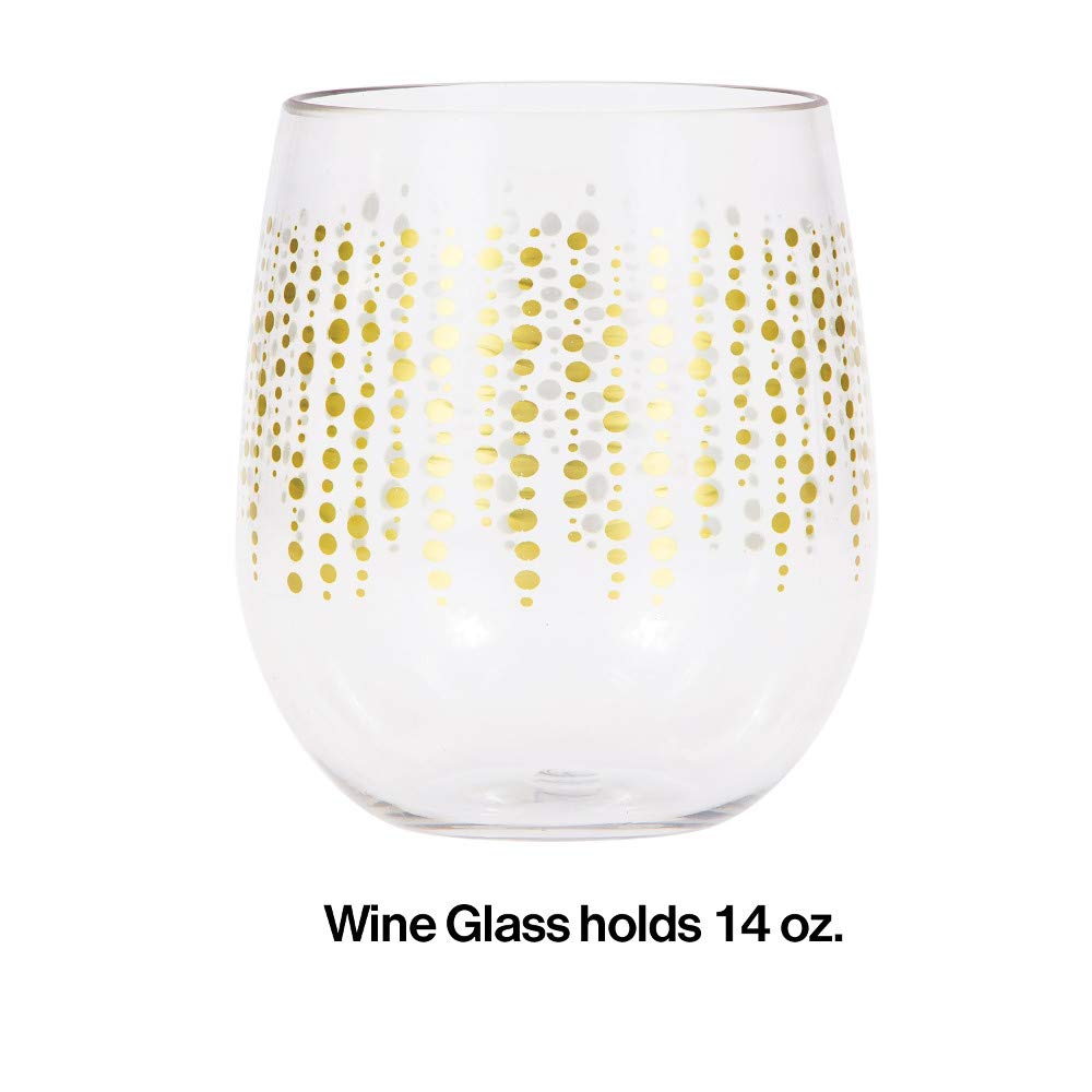 Elise Glittering Gold Dots Plastic Stemless Wine Glasses, 6 ct