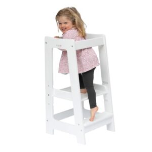stepup baby toddler tower step high chair | montessori inspired | kitchen wooden step stool for preschool kids | adjustable for 18 month - 5 years | includes safety rail (white)