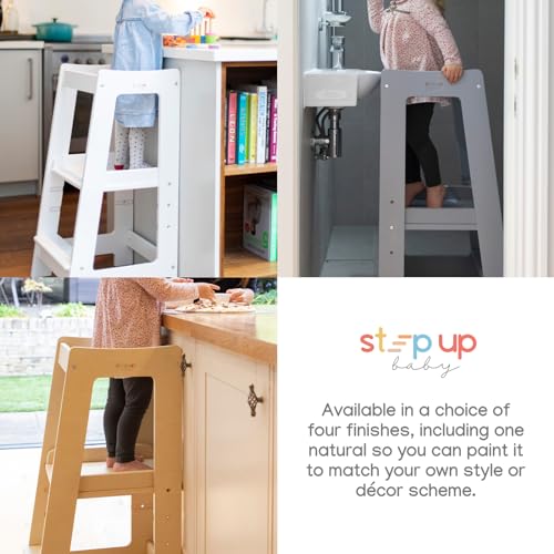 Stepup Baby Toddler Tower Step High Chair | Montessori Inspired | Kitchen Wooden Step Stool for Preschool Kids | Adjustable for 18 Month - 5 Years | Includes Safety Rail (White)