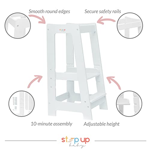 Stepup Baby Toddler Tower Step High Chair | Montessori Inspired | Kitchen Wooden Step Stool for Preschool Kids | Adjustable for 18 Month - 5 Years | Includes Safety Rail (White)